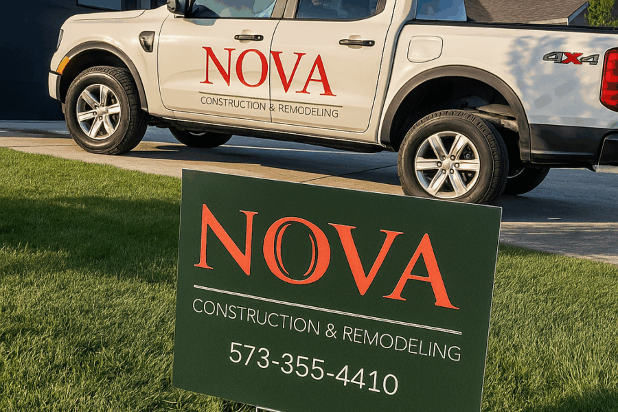 A Nova Construction and Remodeling branded truck parked next to a yard sign at a job site.
