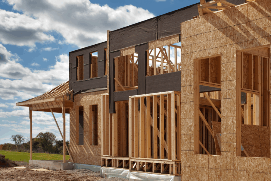 A two-story home under construction showing wood framing and OSB sheathing on the exterior.