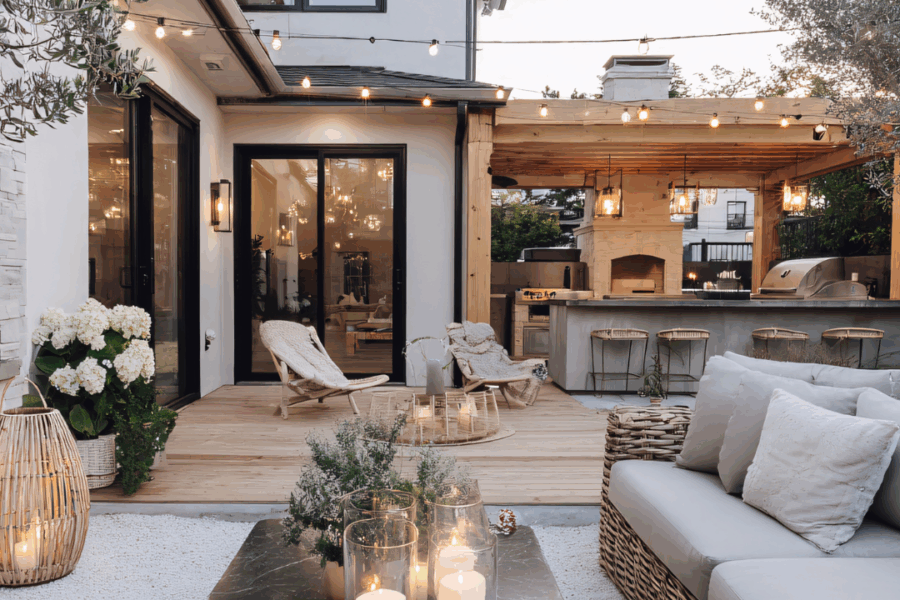 A backyard outdoor living space featuring a wood deck, pergola with string lights, outdoor kitchen, and lounge seating at dusk.