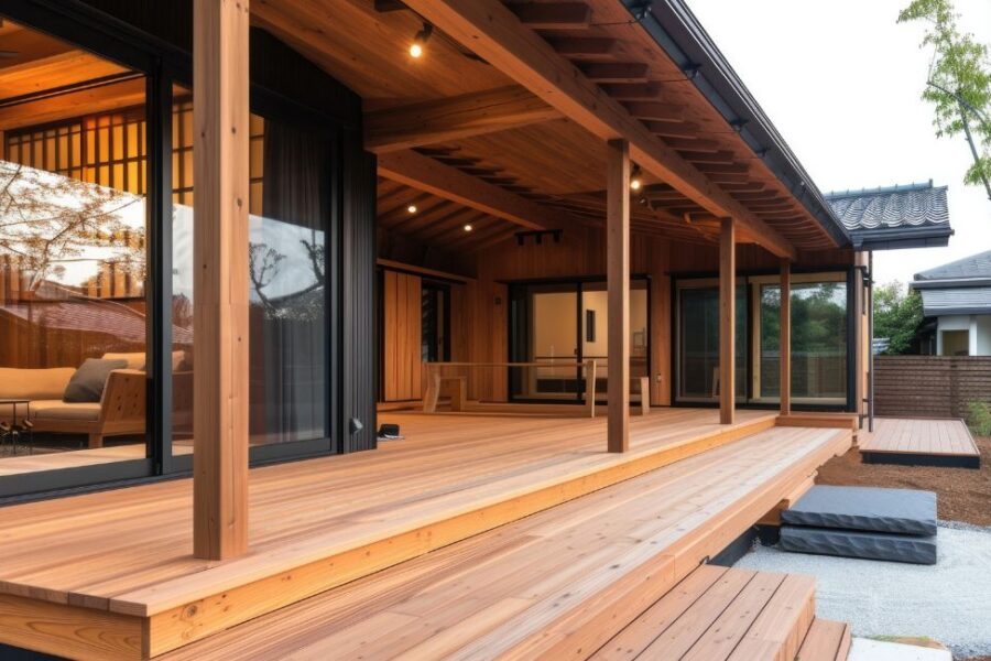 A large covered wood deck with exposed beam ceiling, recessed lighting, and sliding glass doors along a home exterior.