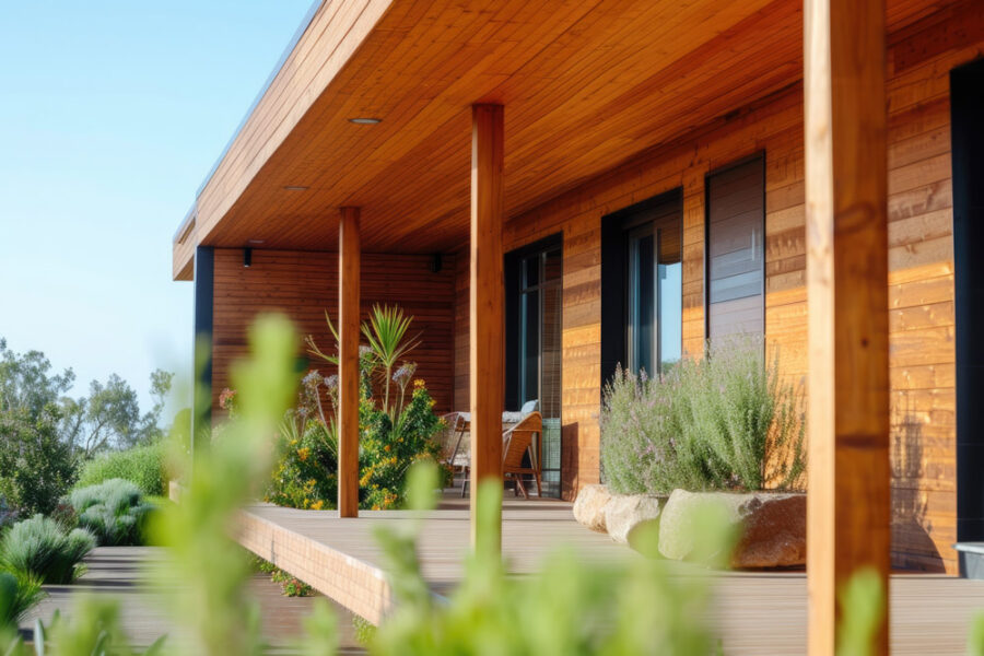 A covered front porch with warm wood siding, post columns, and native landscaping along a modern home exterior.