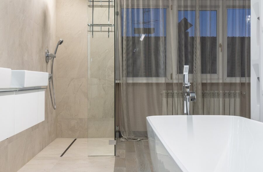Bright remodeled bathroom interior