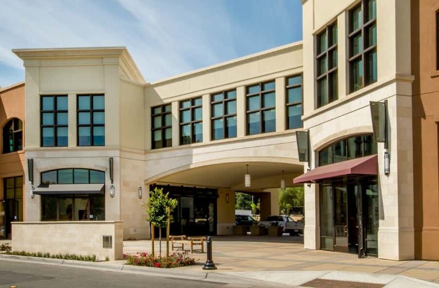 Completed commercial buildout exterior showing a modern retail and office building