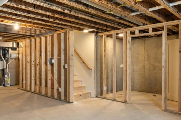 Unfinished basement with wood stud framing and exposed pipes in a Central Missouri home ready for basement finishing by Nova Construction