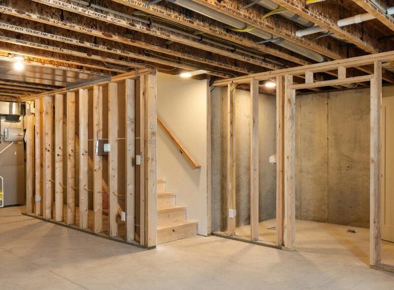 Unfinished basement with wood stud framing and exposed pipes in a Central Missouri home ready for basement finishing by Nova Construction
